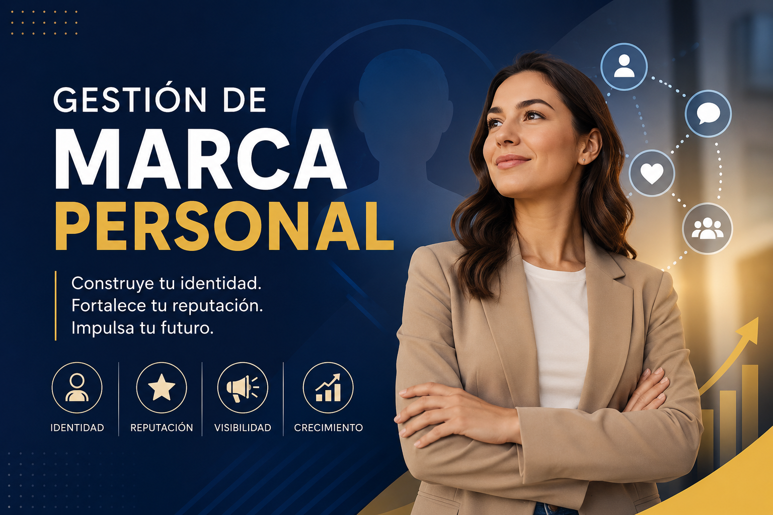 Mujer ejecutiva de brazos cruzados viendo hacia arriba un título que se lee "Gestión de Marca Personal" con diferentes tipos y colores de letra.